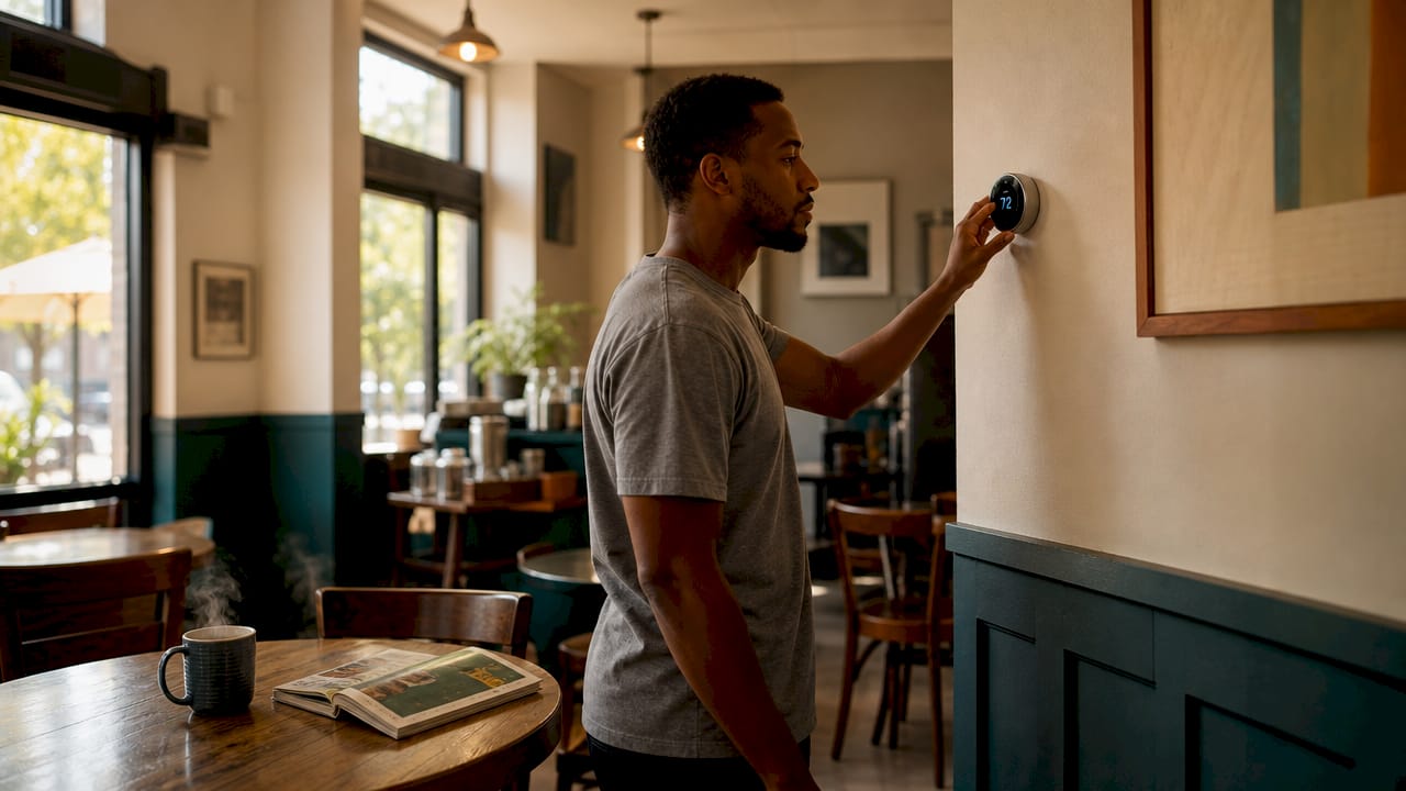 Person adjusting smart thermostat indoors