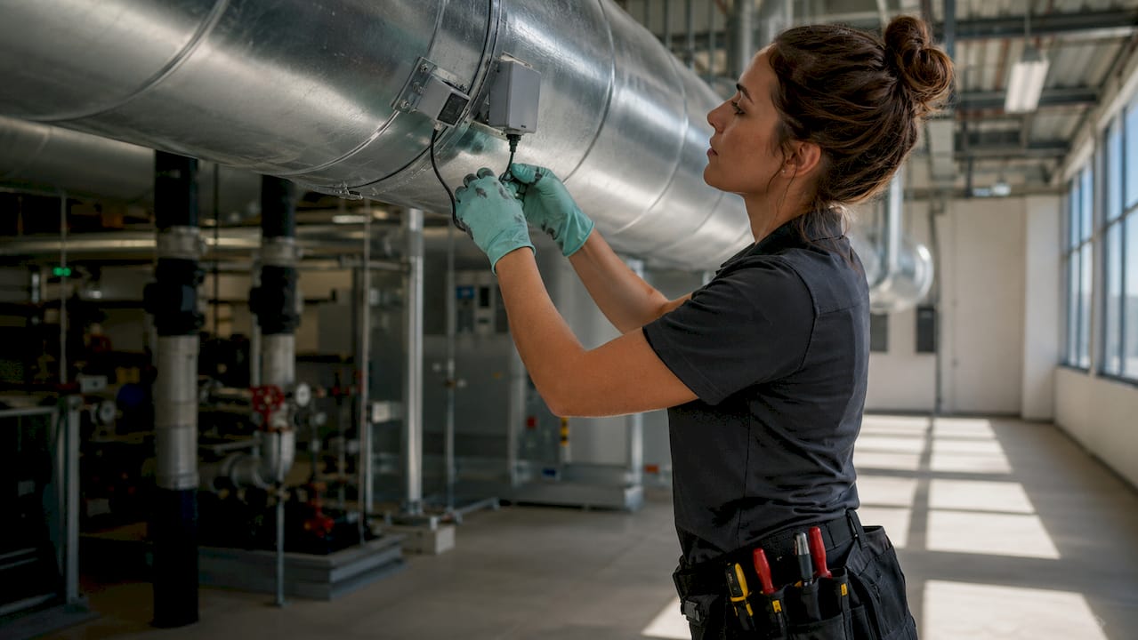 Technician installing HVAC sensors on ductwork