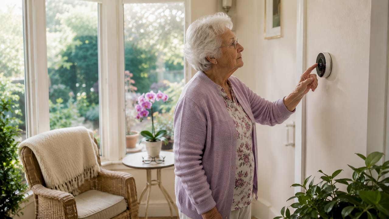 Elderly woman using smart thermostat indoors