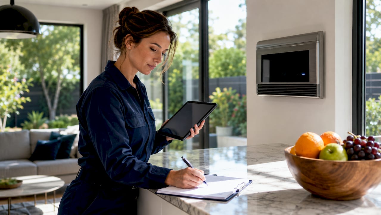 Technician checking smart HVAC system in office