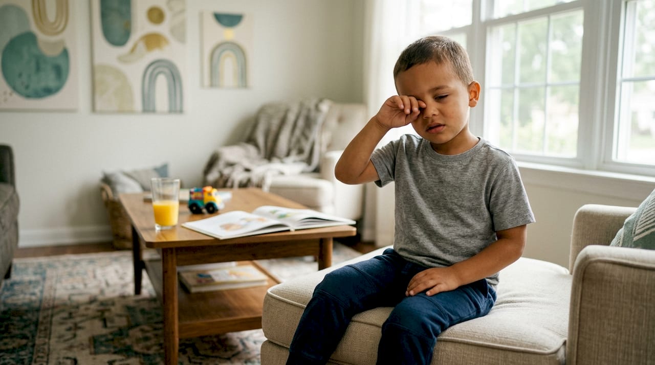 Child rubbing eyes indoors due to irritation