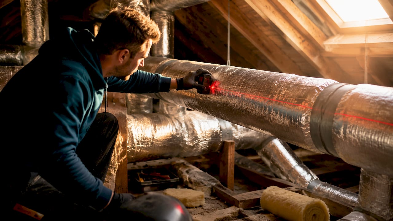 HVAC technician measuring central AC ducts in attic
