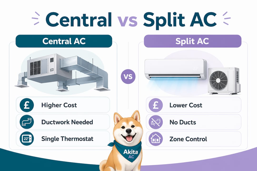 Infographic comparing central and split AC systems