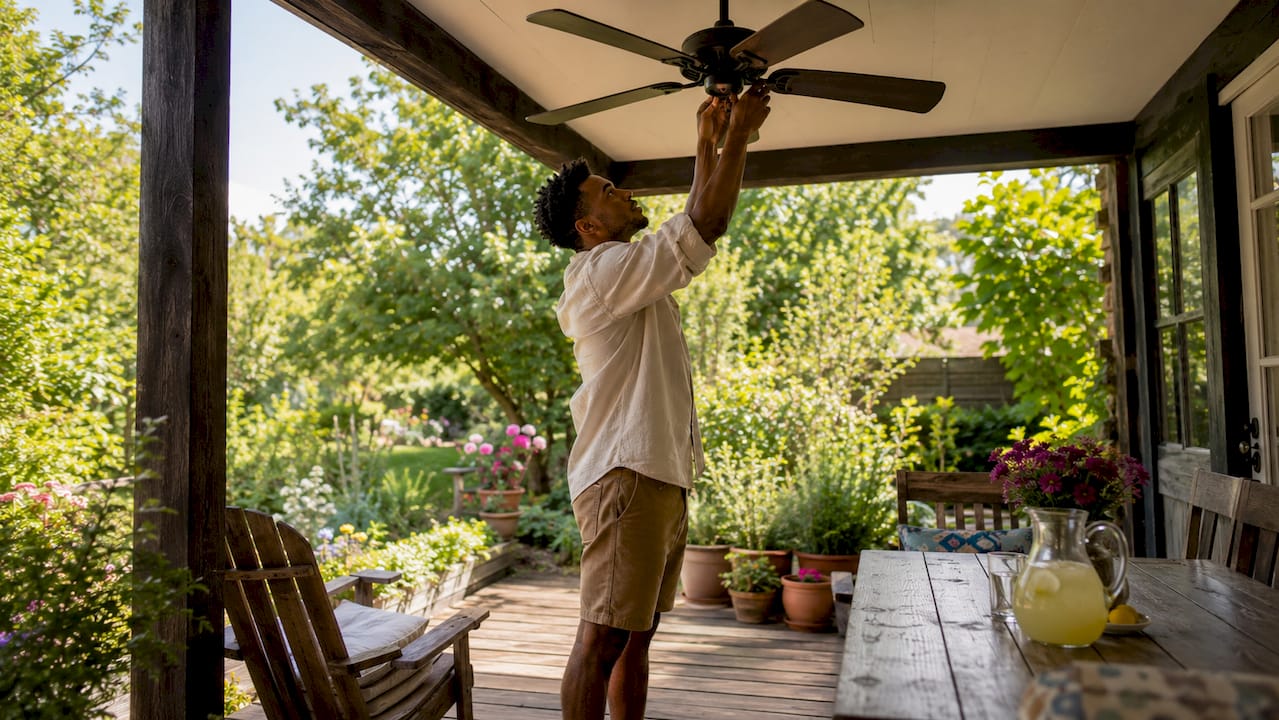 Young man adjusting ceiling fan in UK kitchen for cooling