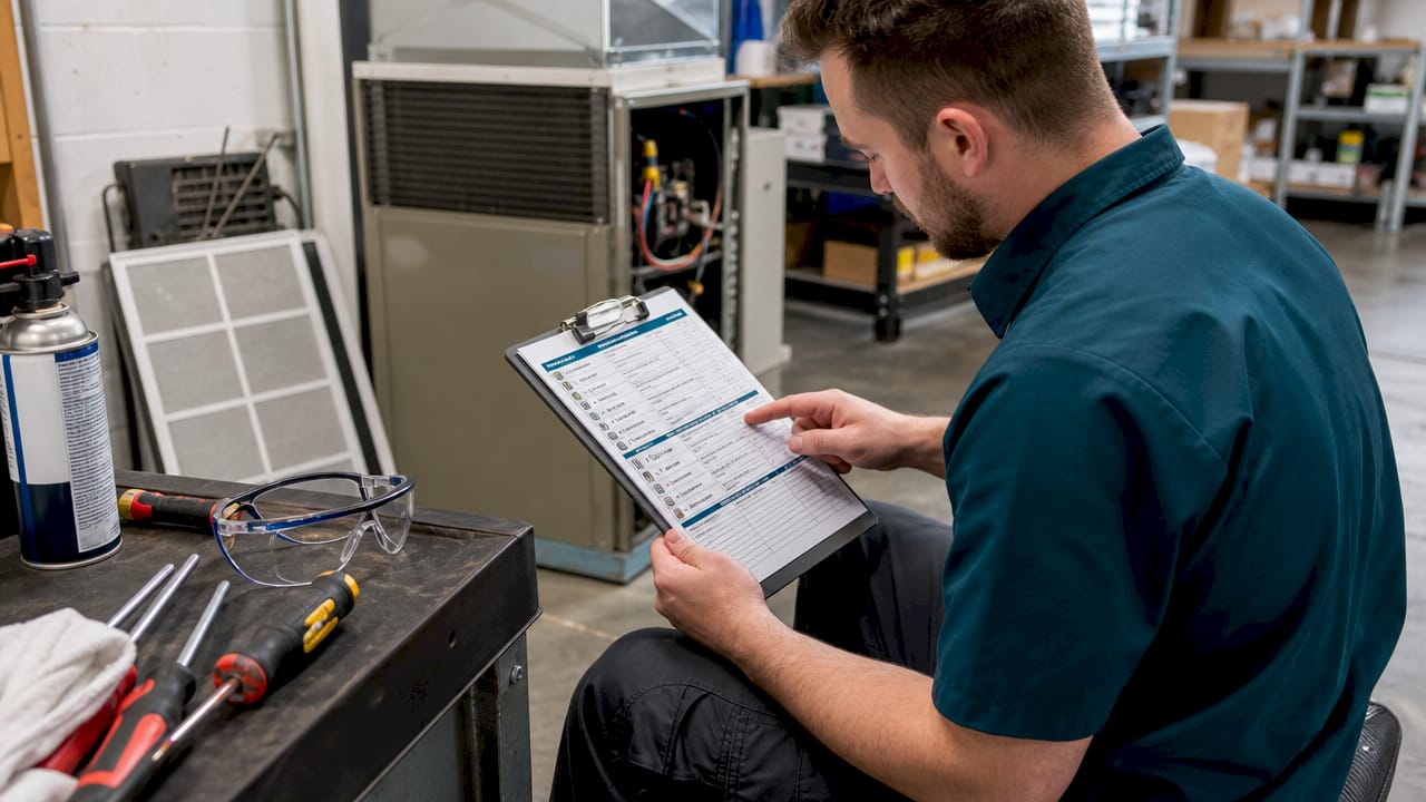Close-up of hands with HVAC inspection checklist and tools