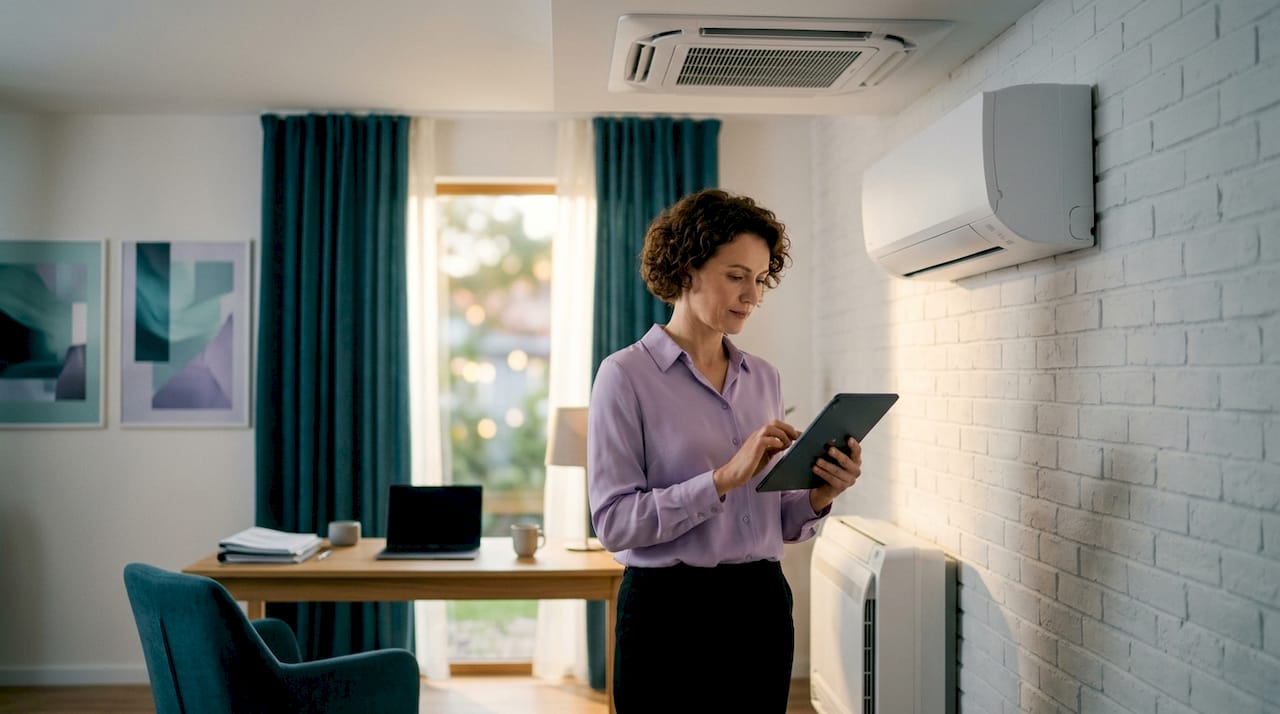 Engineer checking indoor multi-split AC units with tablet