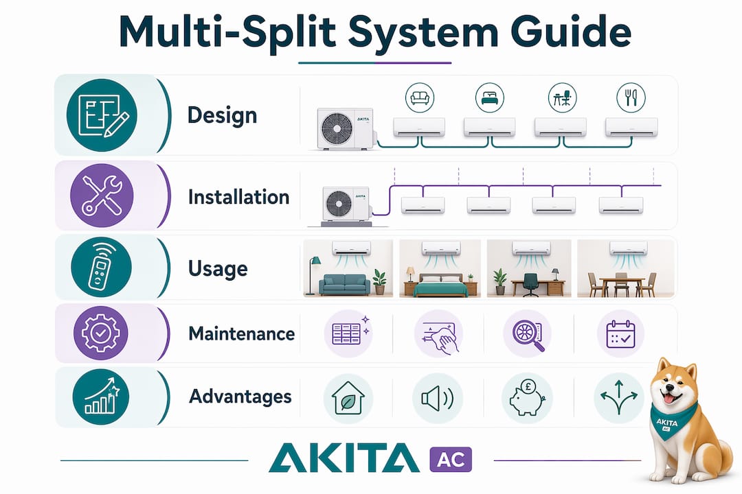 Infographic showing multi-split system process steps and benefits
