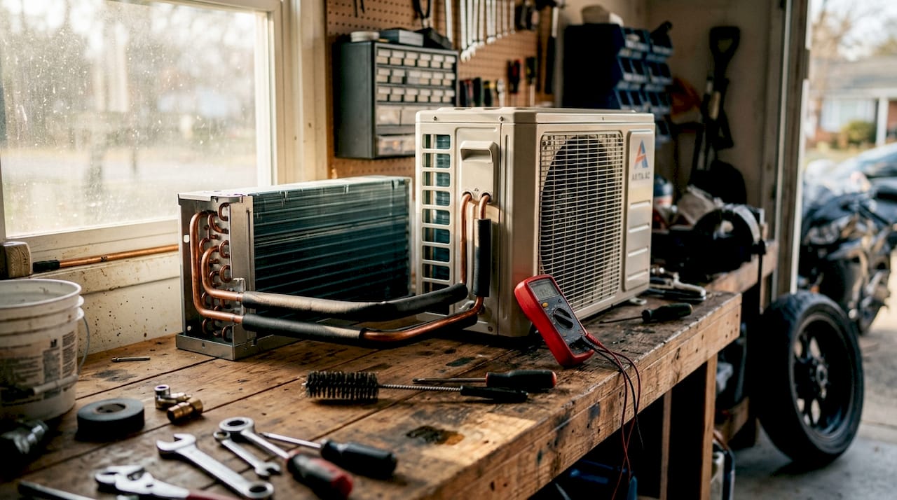 Mini split system components on workbench