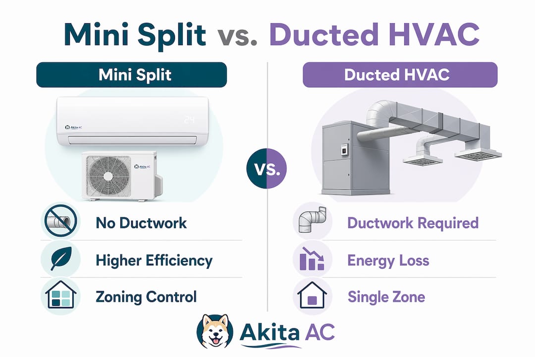 Infographic comparing mini split and ducted HVAC benefits