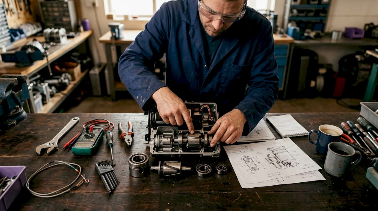 Engineer examining inverter AC compressor components
