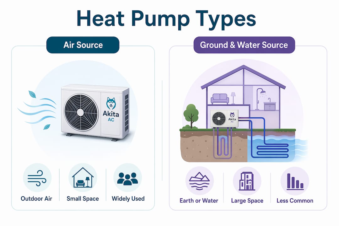 Infographic comparing air source and ground/water heat pumps