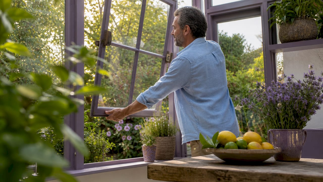 Man opening kitchen window for ventilation