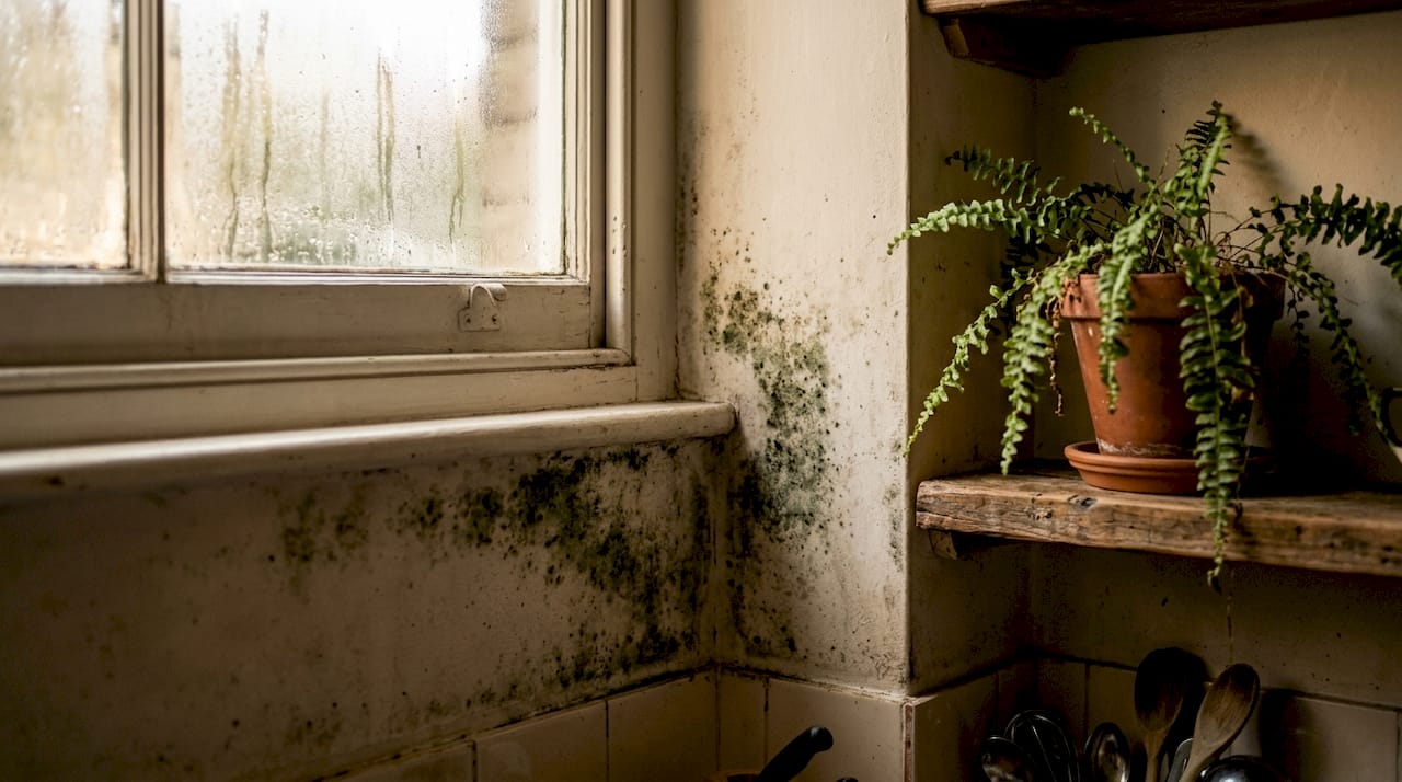 Mould growth on damp interior wall in UK home