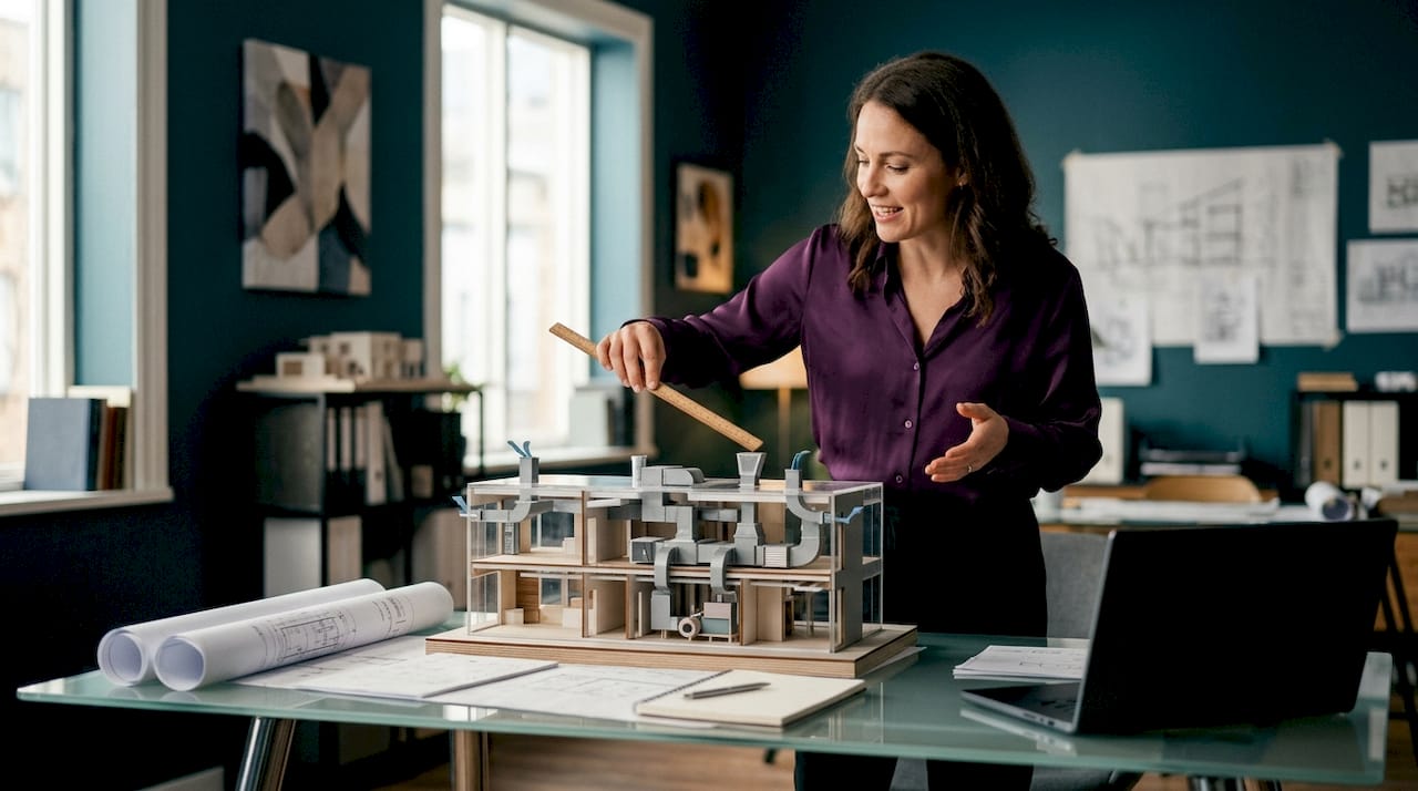 Engineer discussing ventilation system model overhead