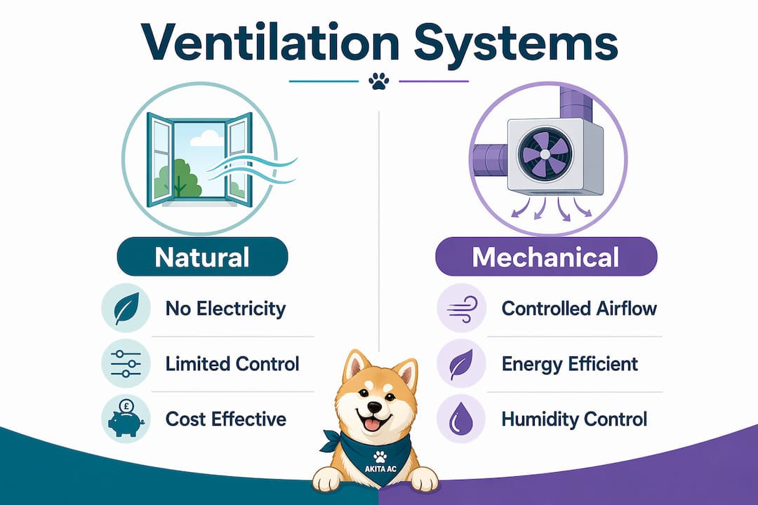 Infographic comparing natural and mechanical ventilation types