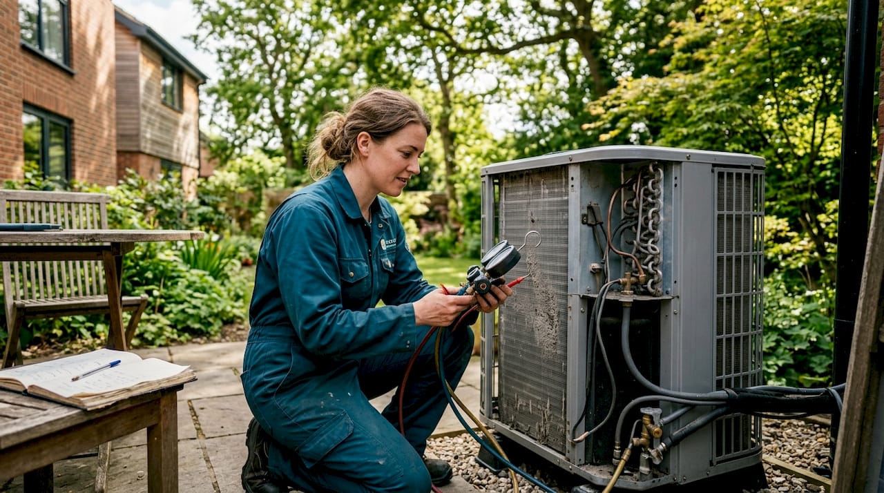 Certified engineer inspecting outdoor AC unit