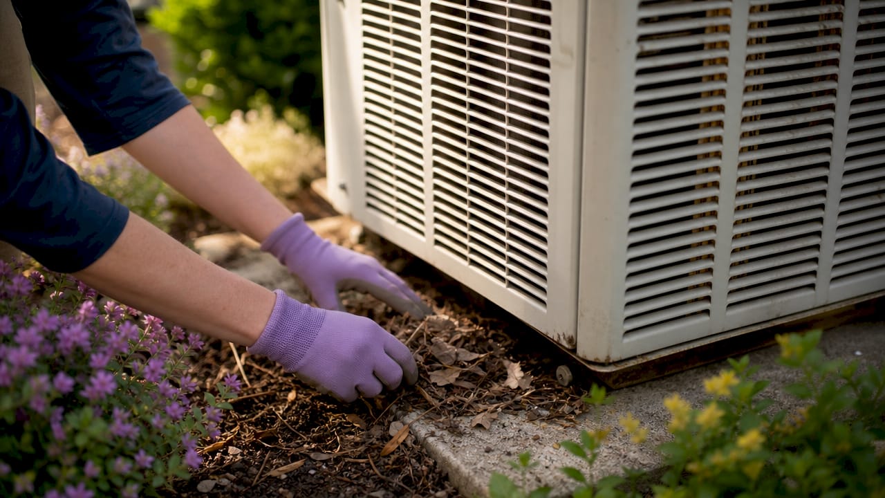 Hands clearing debris around outdoor HVAC unit