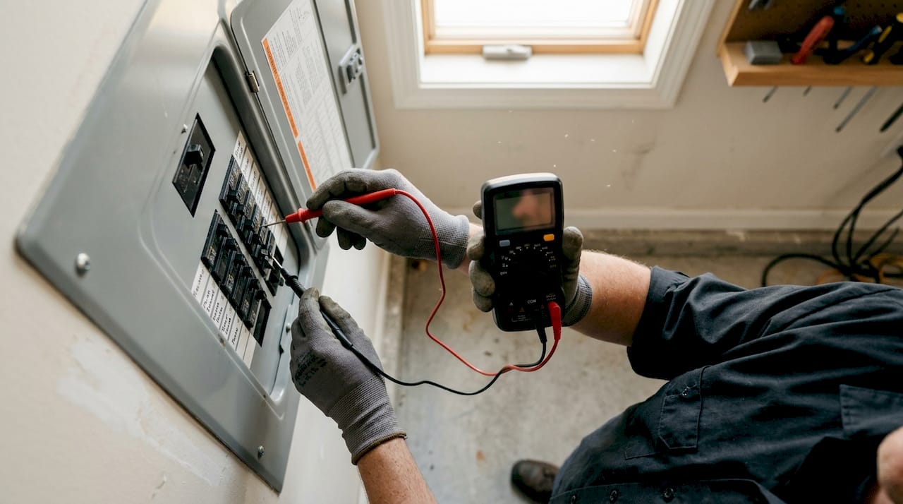 Technician testing circuit breakers with multimeter