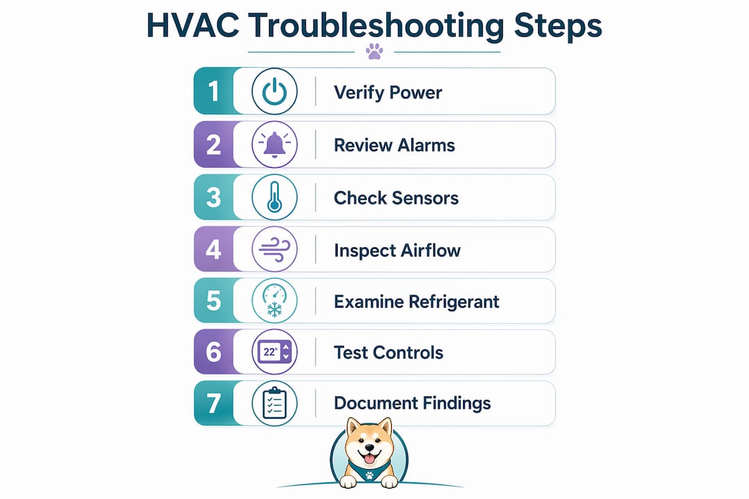 Infographic showing step-by-step HVAC troubleshooting process