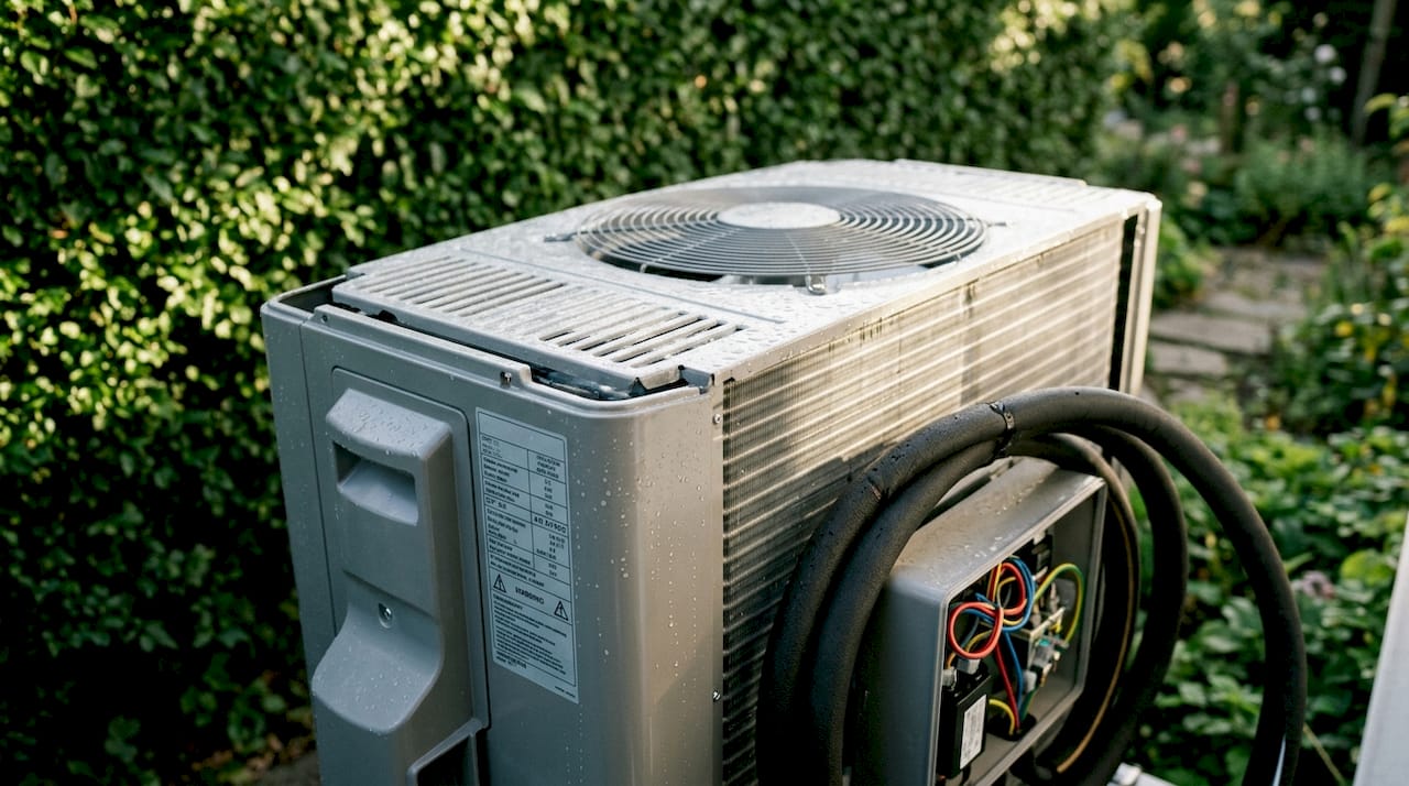 Close-up of air-to-air heat pump components outdoors