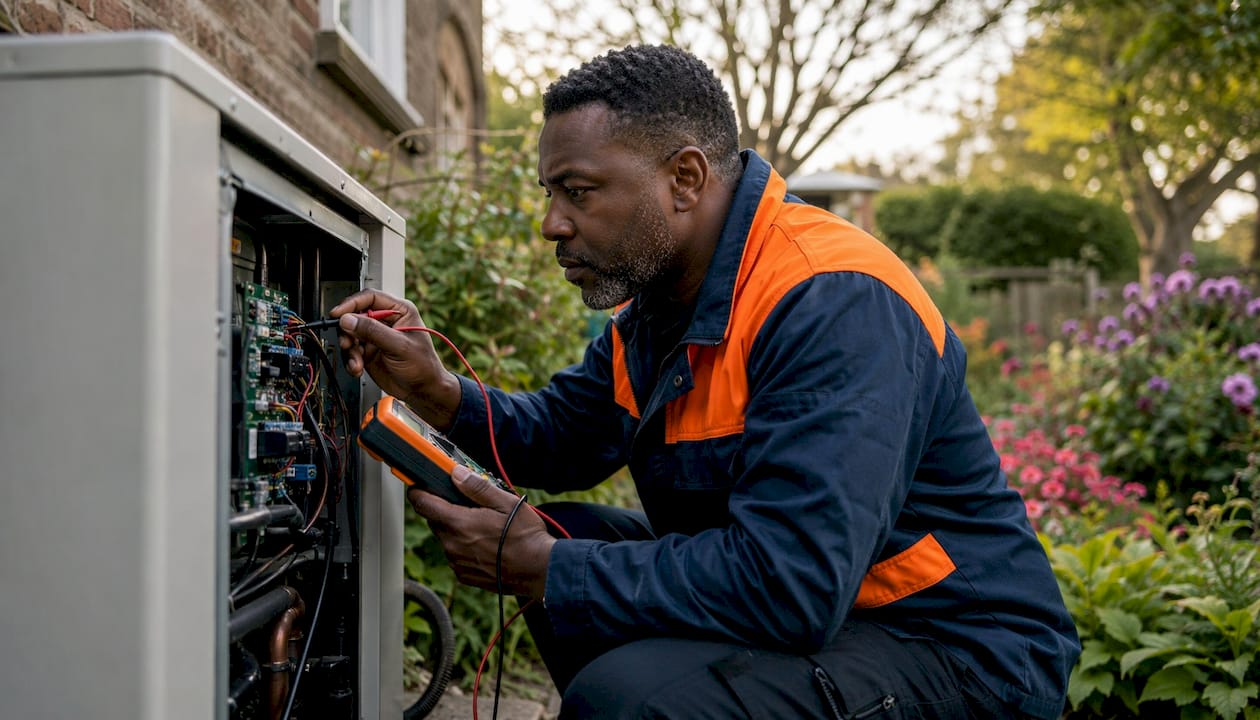 Technician inspecting outdoor HVAC heat pump unit