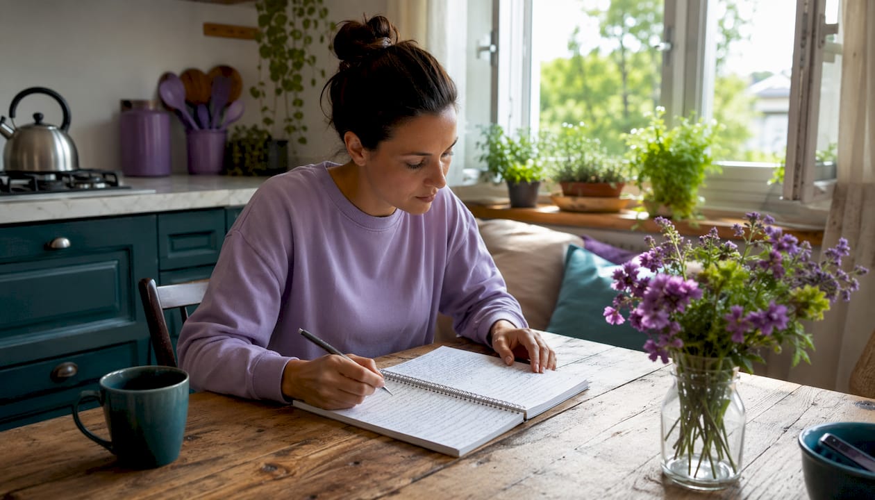 Woman reviewing HVAC maintenance log at kitchen table