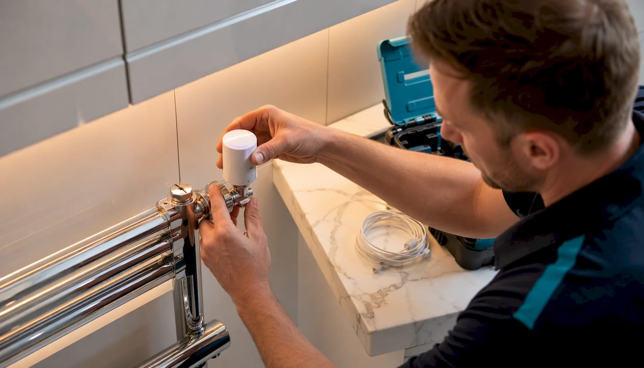 Installer connecting smart radiator valves to pipes
