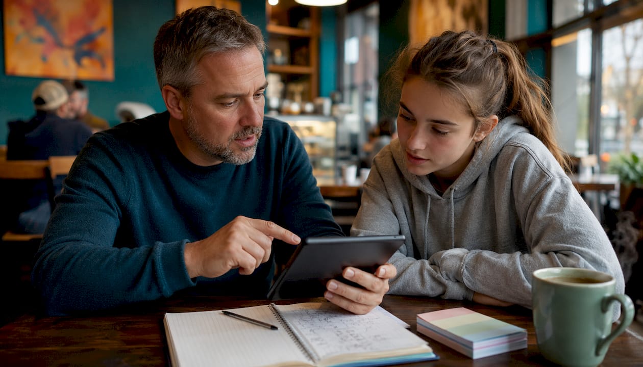 Father and daughter reviewing energy budget at kitchen table