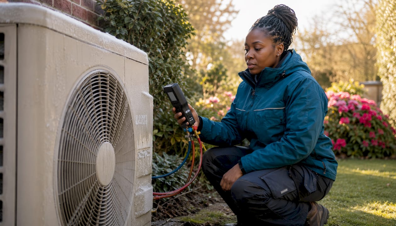 Technician inspecting air source heat pump outdoors