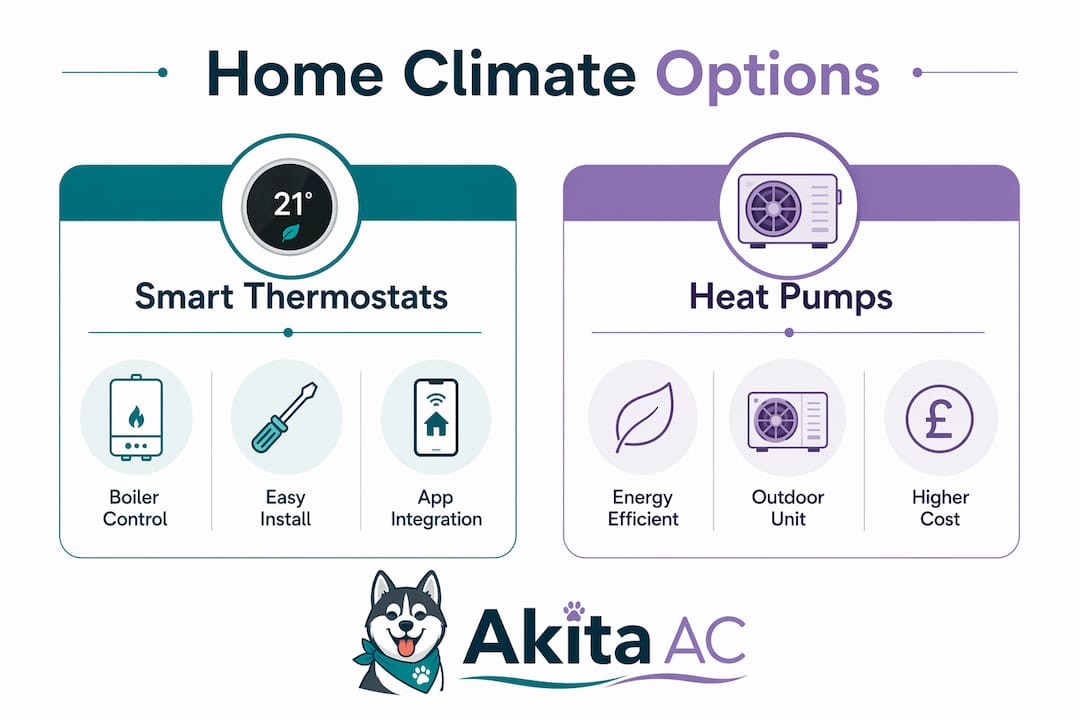 Infographic comparing smart thermostats and heat pumps