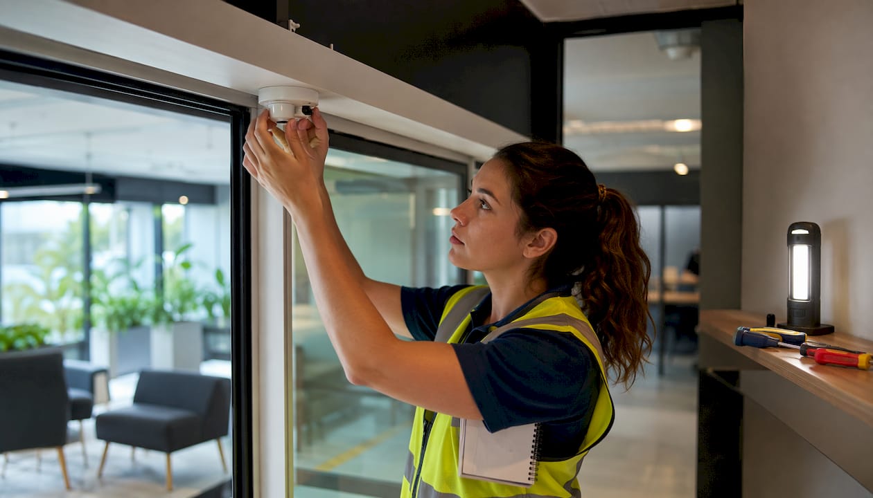 Technician adjusting occupancy sensor in office