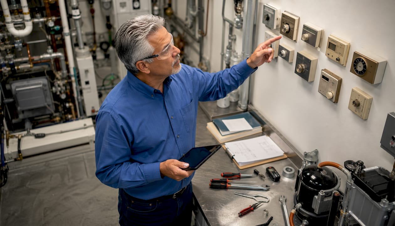 Engineer inspecting legacy HVAC boiler room