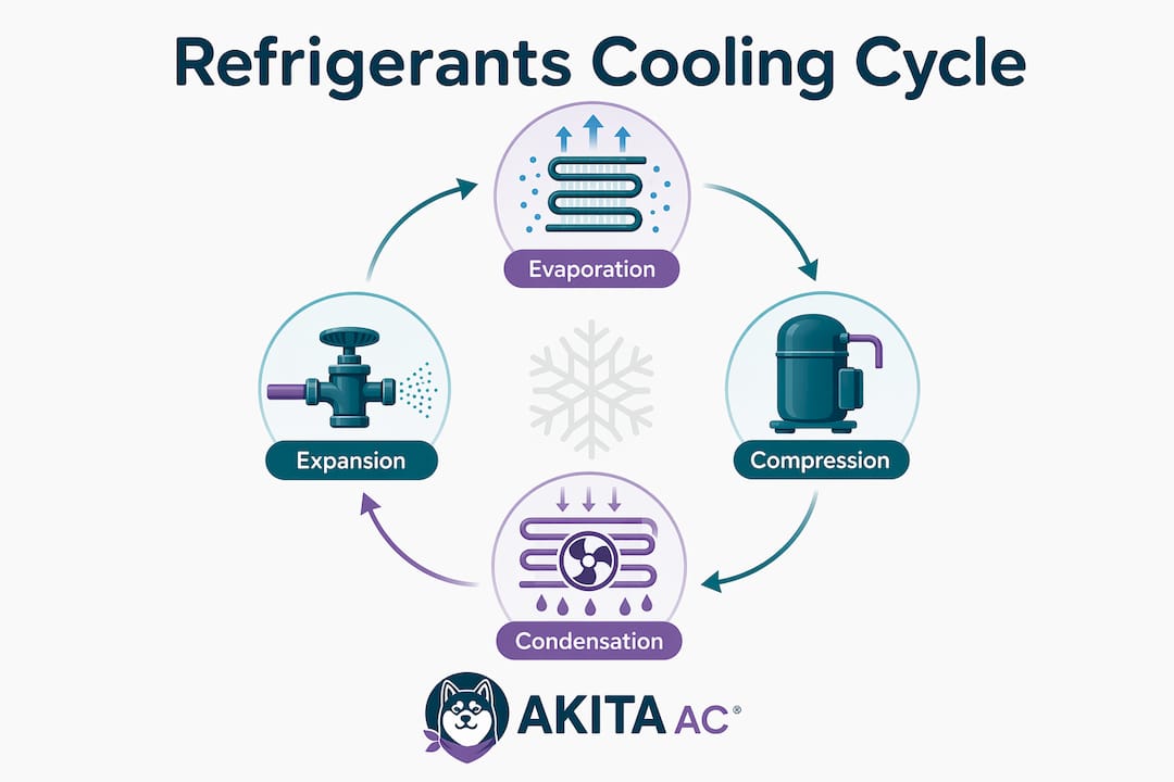 Infographic illustrating refrigerant cooling cycle steps