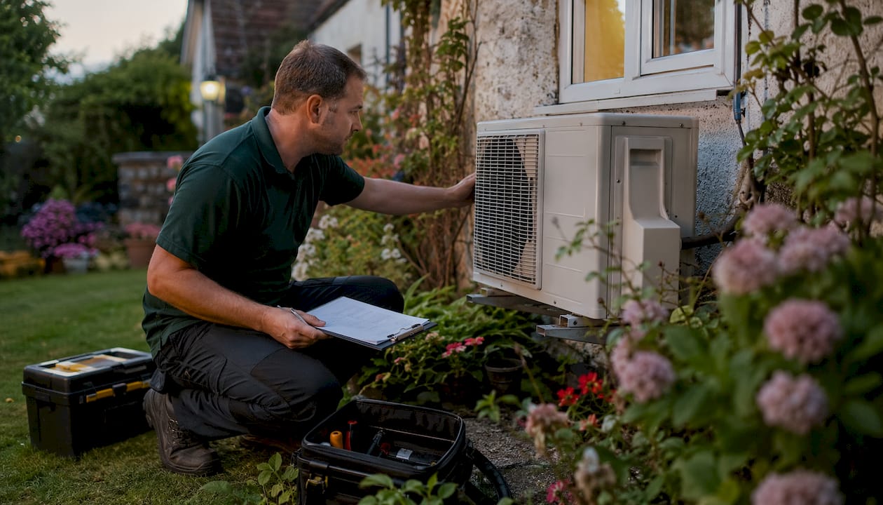 Installer inspecting outdoor AC unit