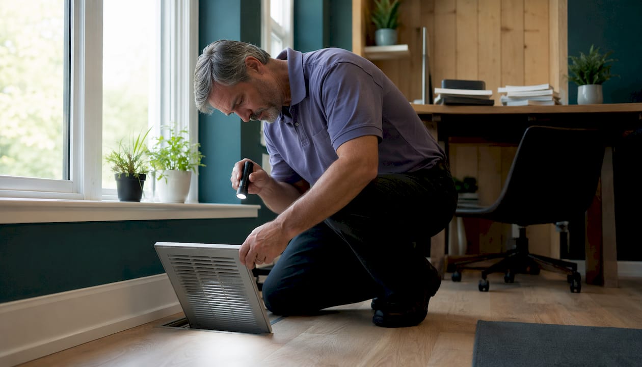 Elderly man inspecting return air grille