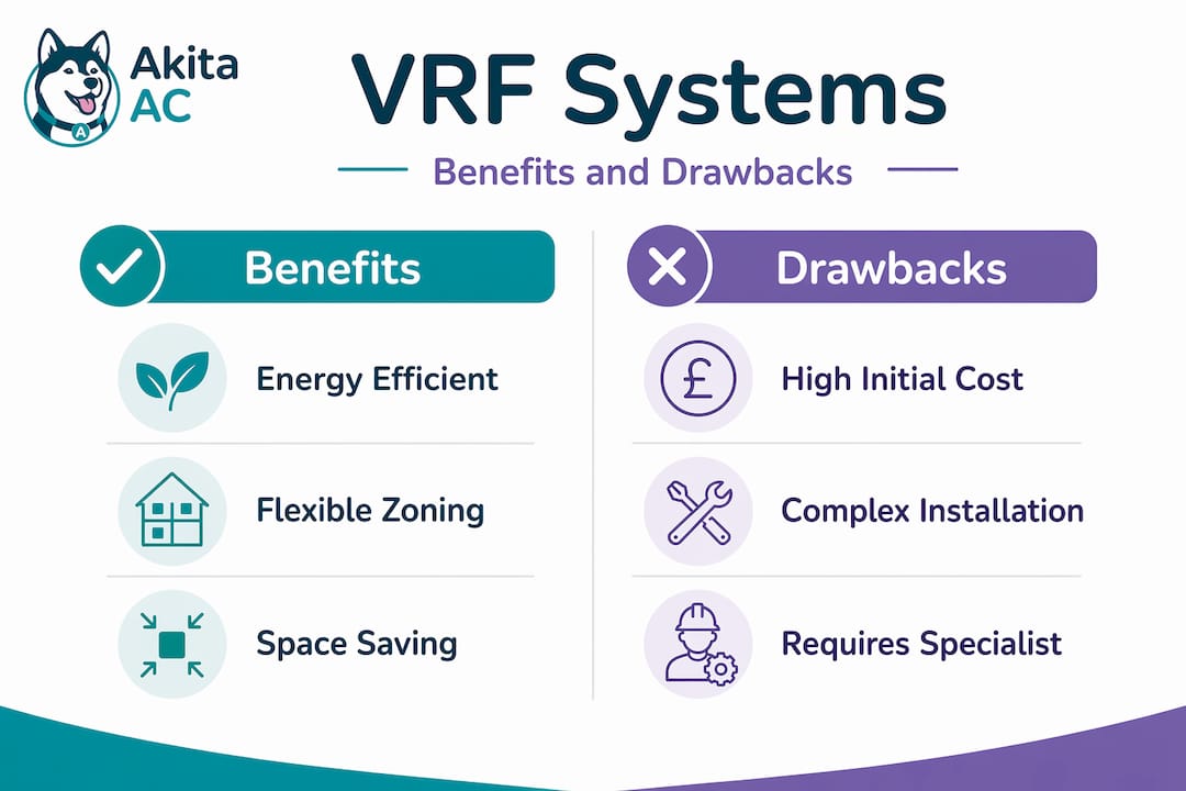 Infographic comparing VRF system benefits and drawbacks