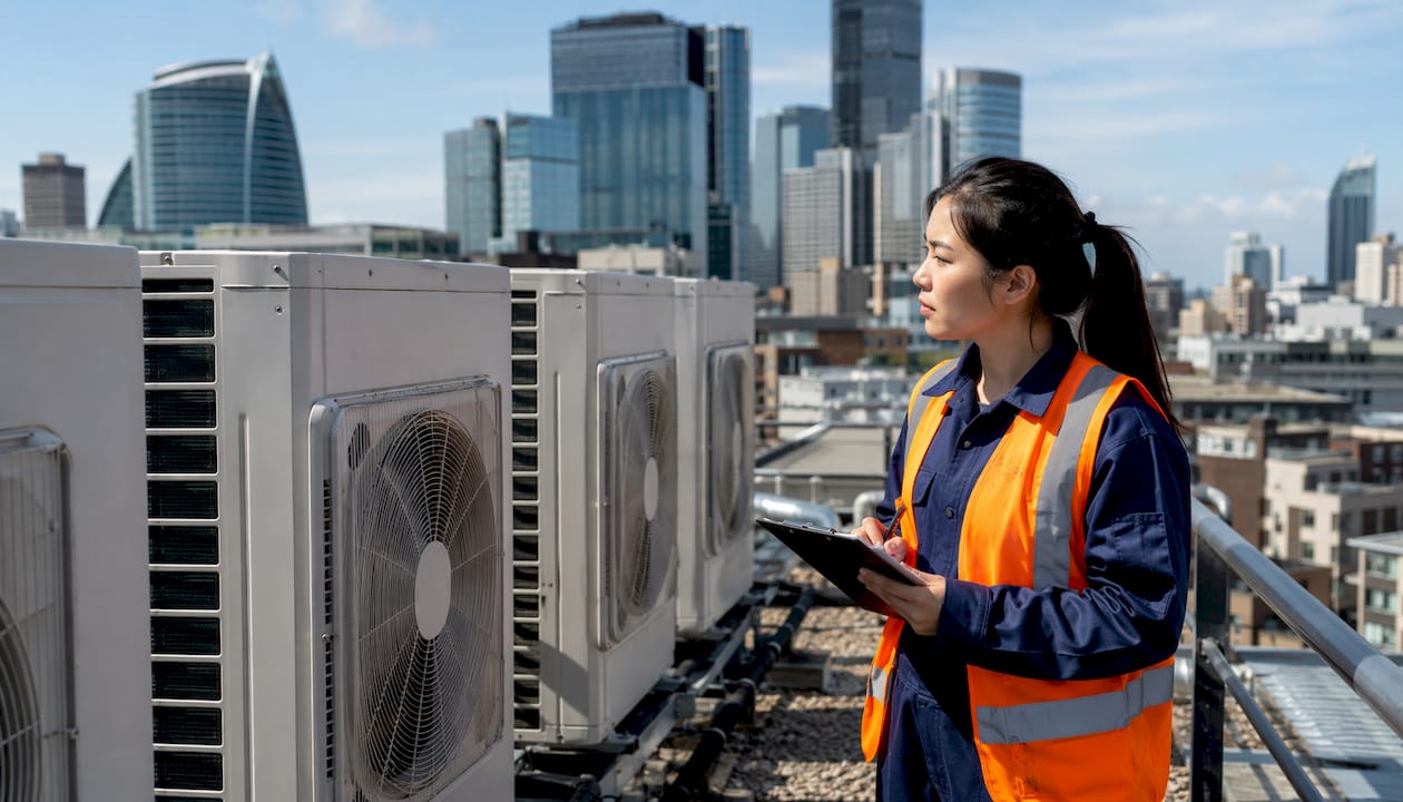 Engineer inspecting VRF AC units on rooftop