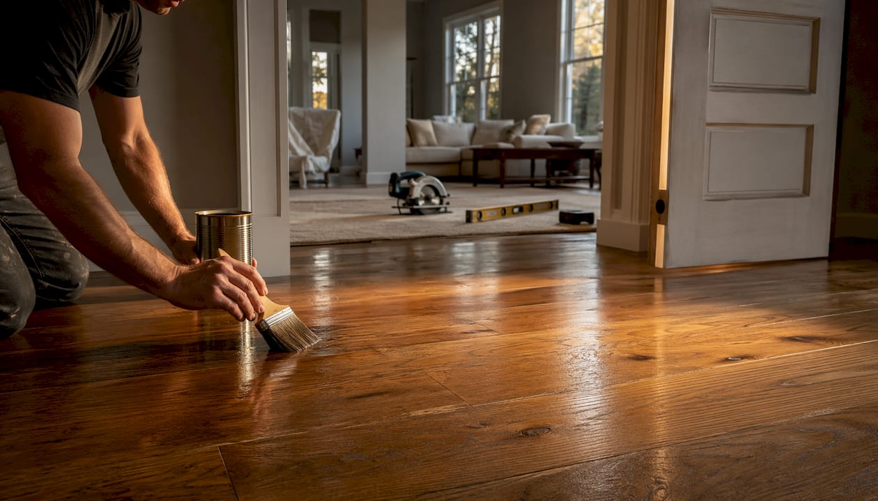 Installer’s hands smoothing hardwood flooring