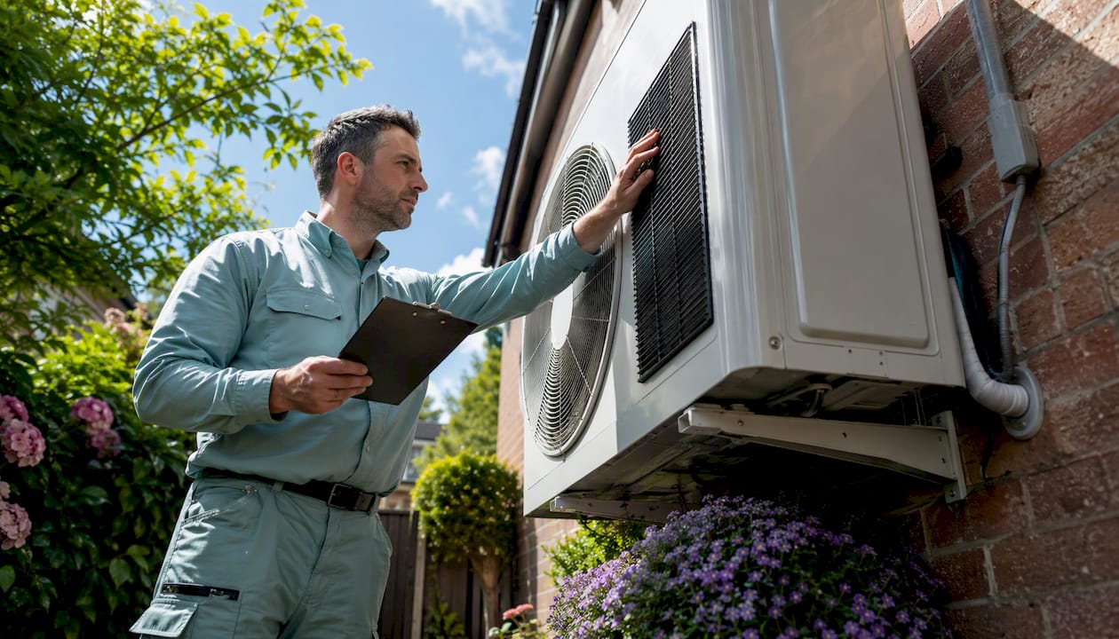 Technician inspecting air conditioner outdoor unit