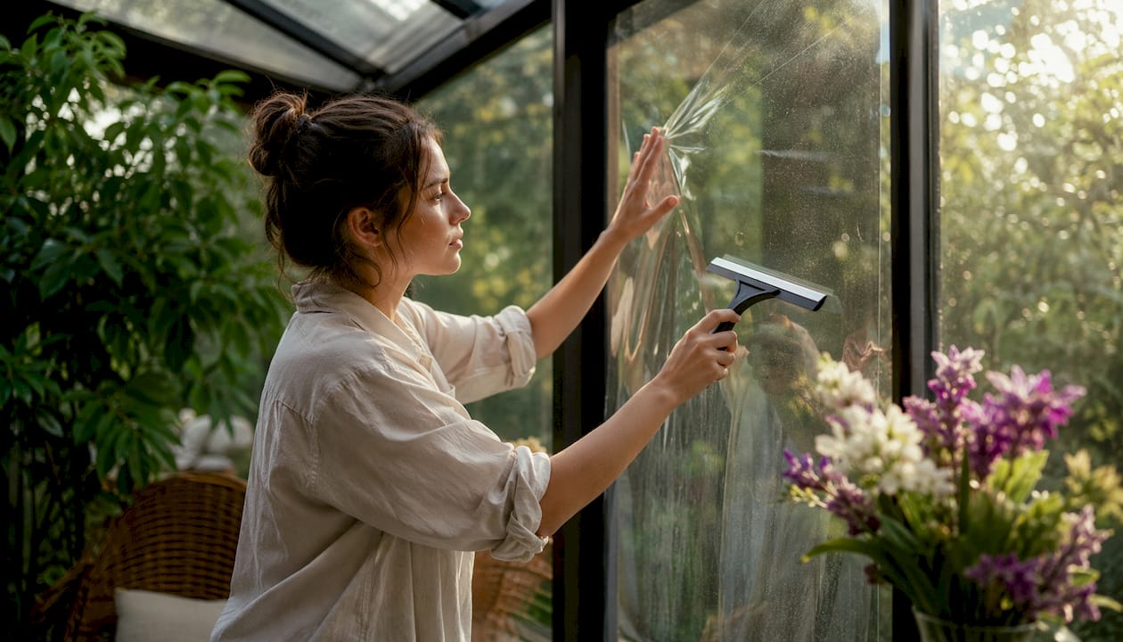 Woman applying reflective film to window