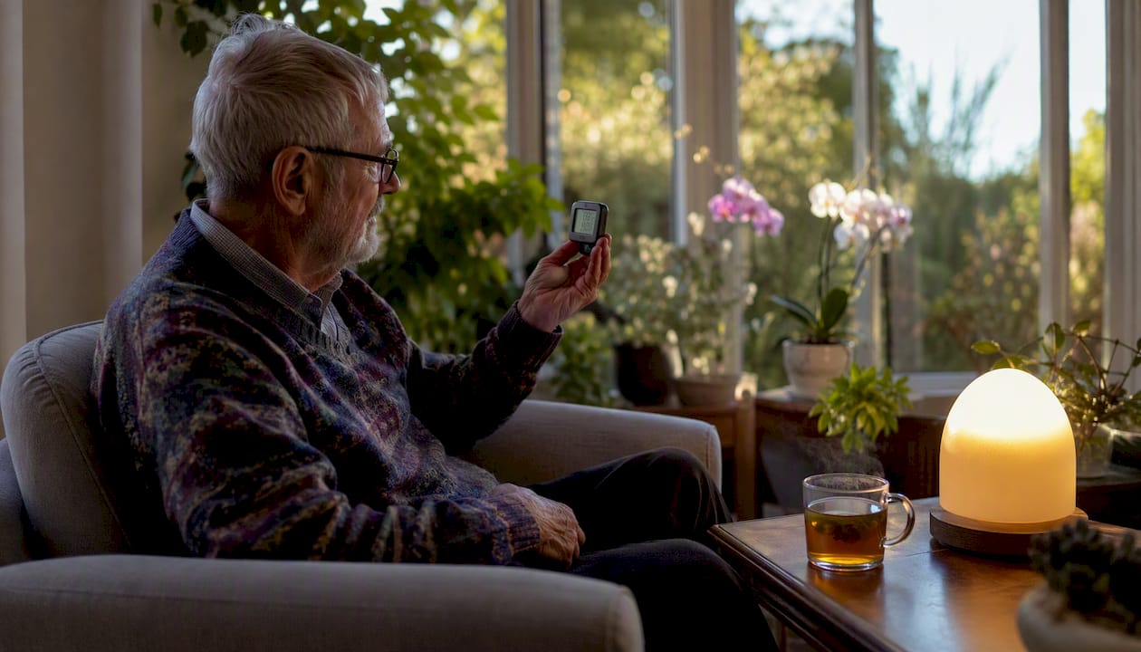 Elderly man measuring humidity with hygrometer indoors