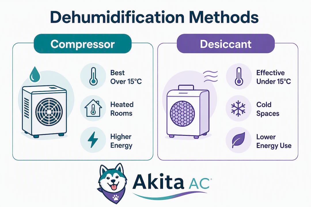 Infographic comparing dehumidification methods compressor vs desiccant