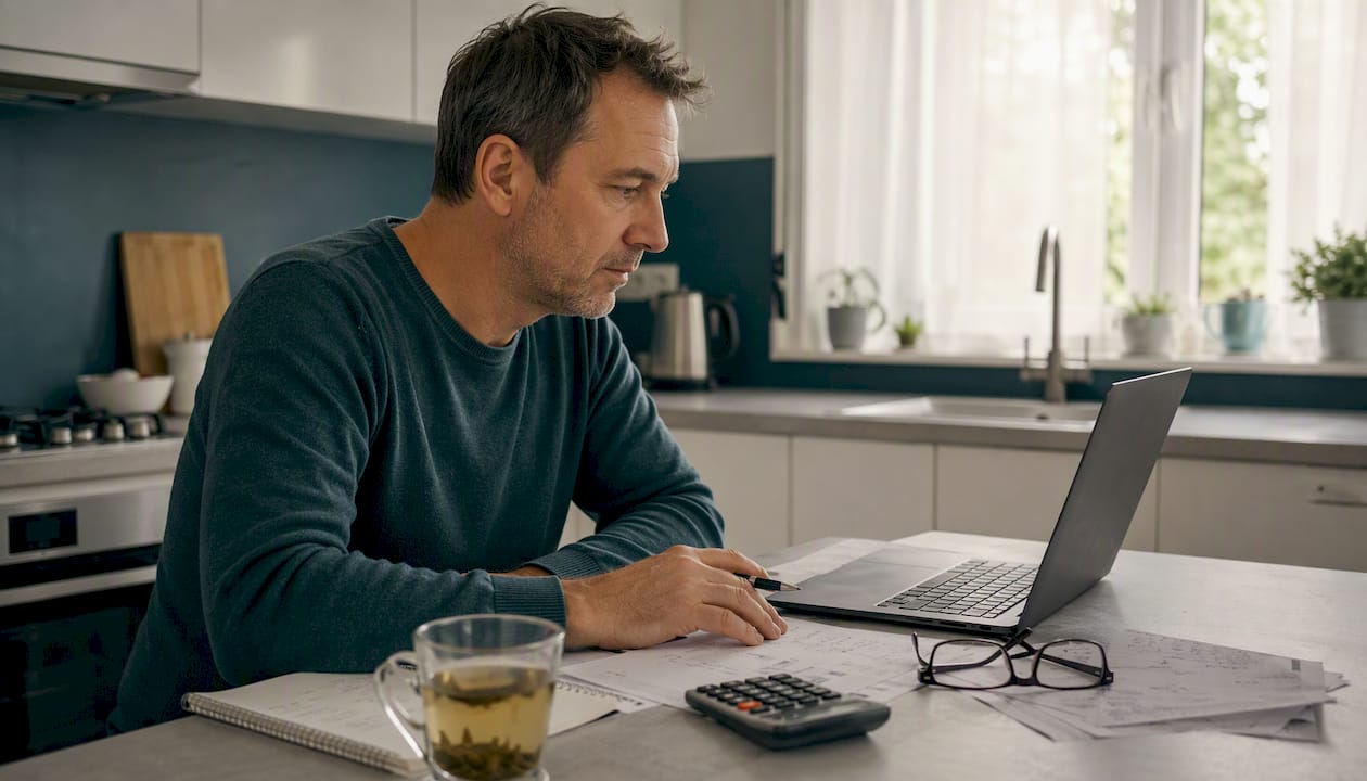 Hands reviewing AC upgrade costs on laptop