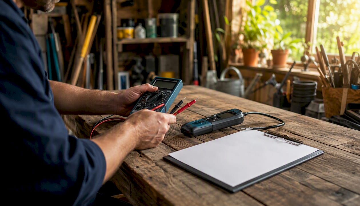 Technician hands performing HVAC maintenance check