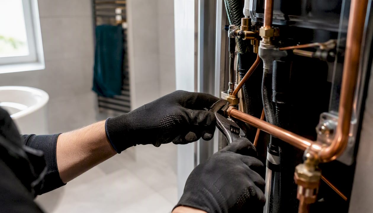 Technician hands connecting hydrocarbon refrigerant pipes