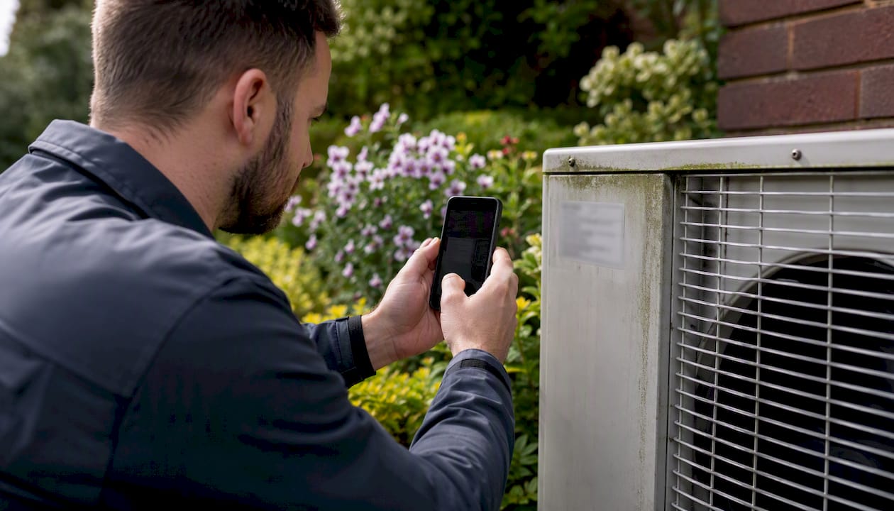 Technician photographing outdoor HVAC unit nameplate