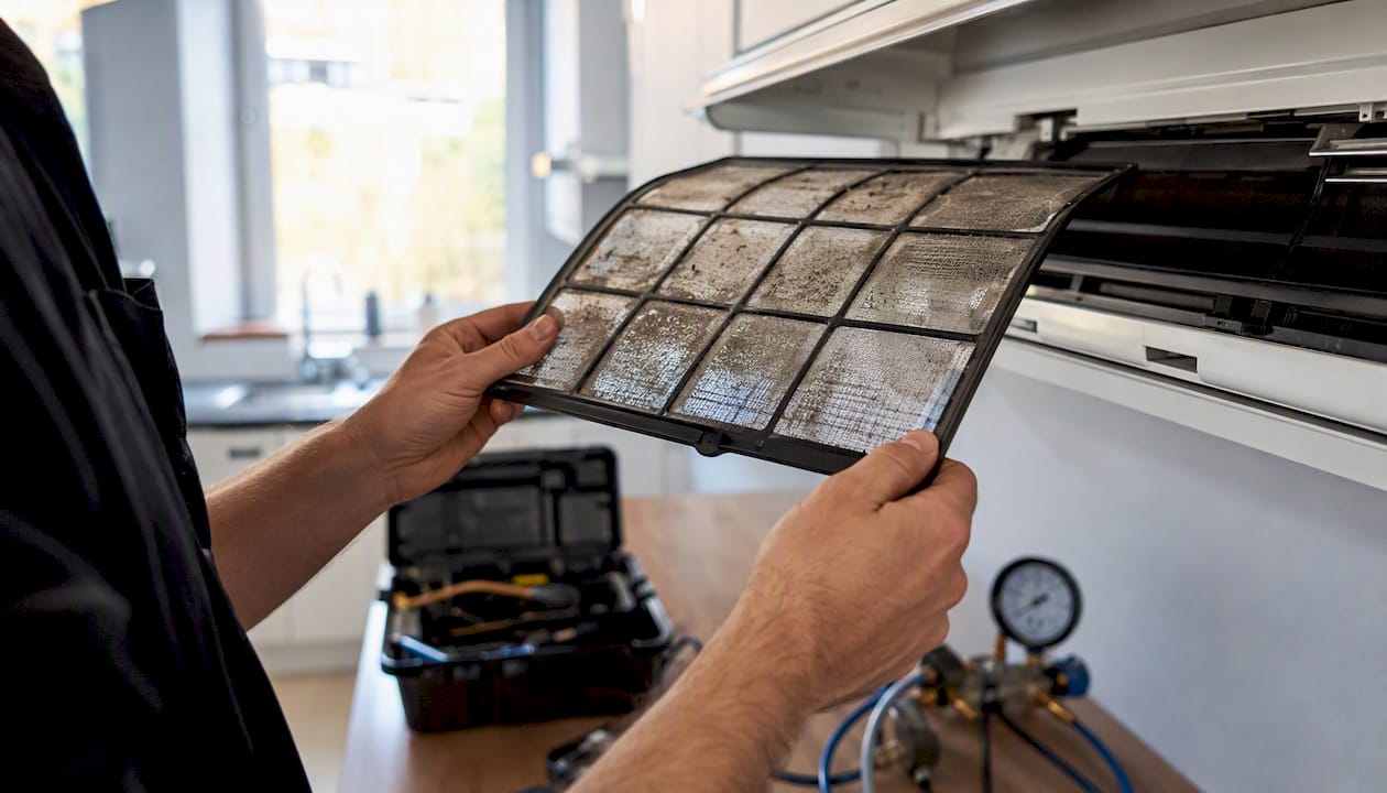 Hands inspecting HVAC air filter closely