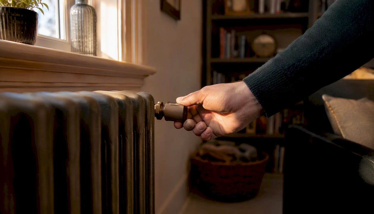 Hand adjusting radiator valve in living room
