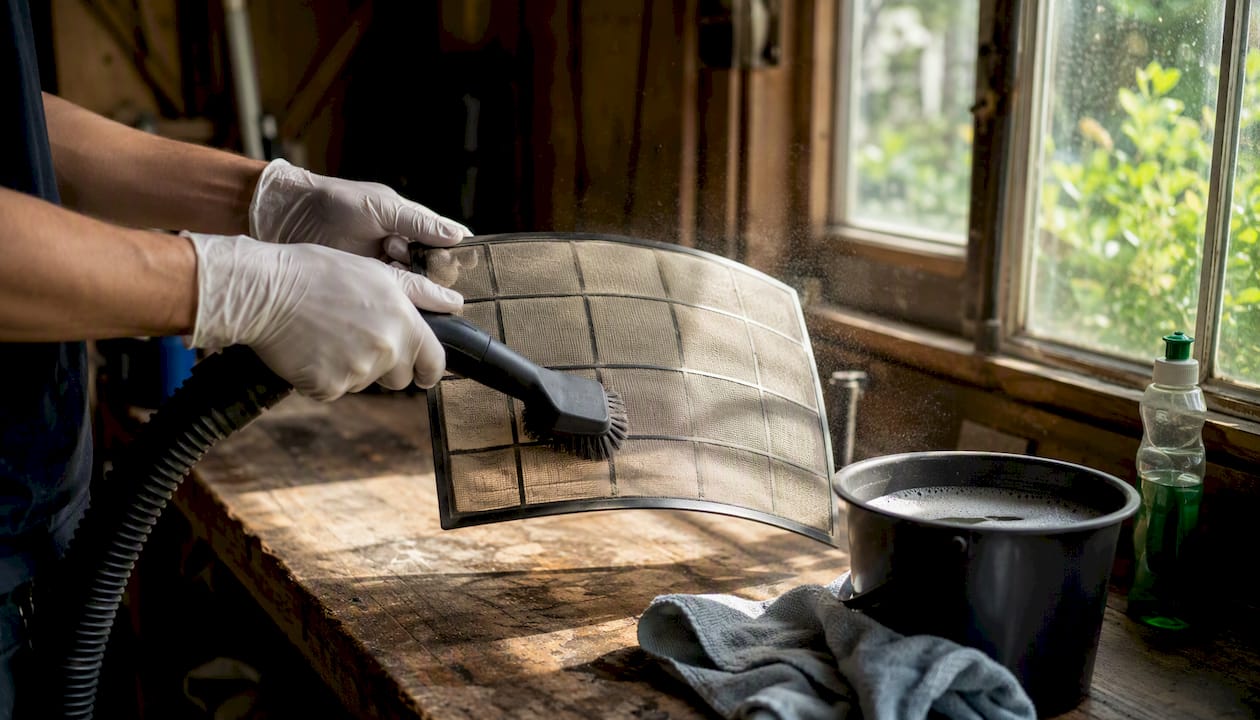Hands vacuuming dust from AC filter