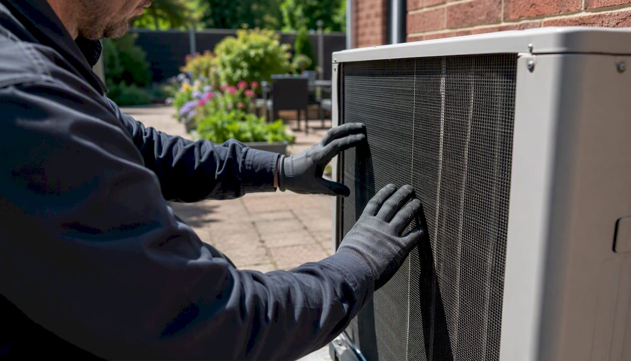 Hands cleaning outdoor HVAC unit coil fins